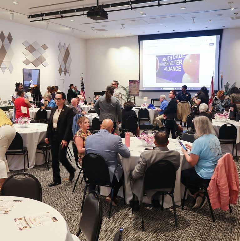 Guests mingling at an SDWVA event with the alliance logo displayed on screen