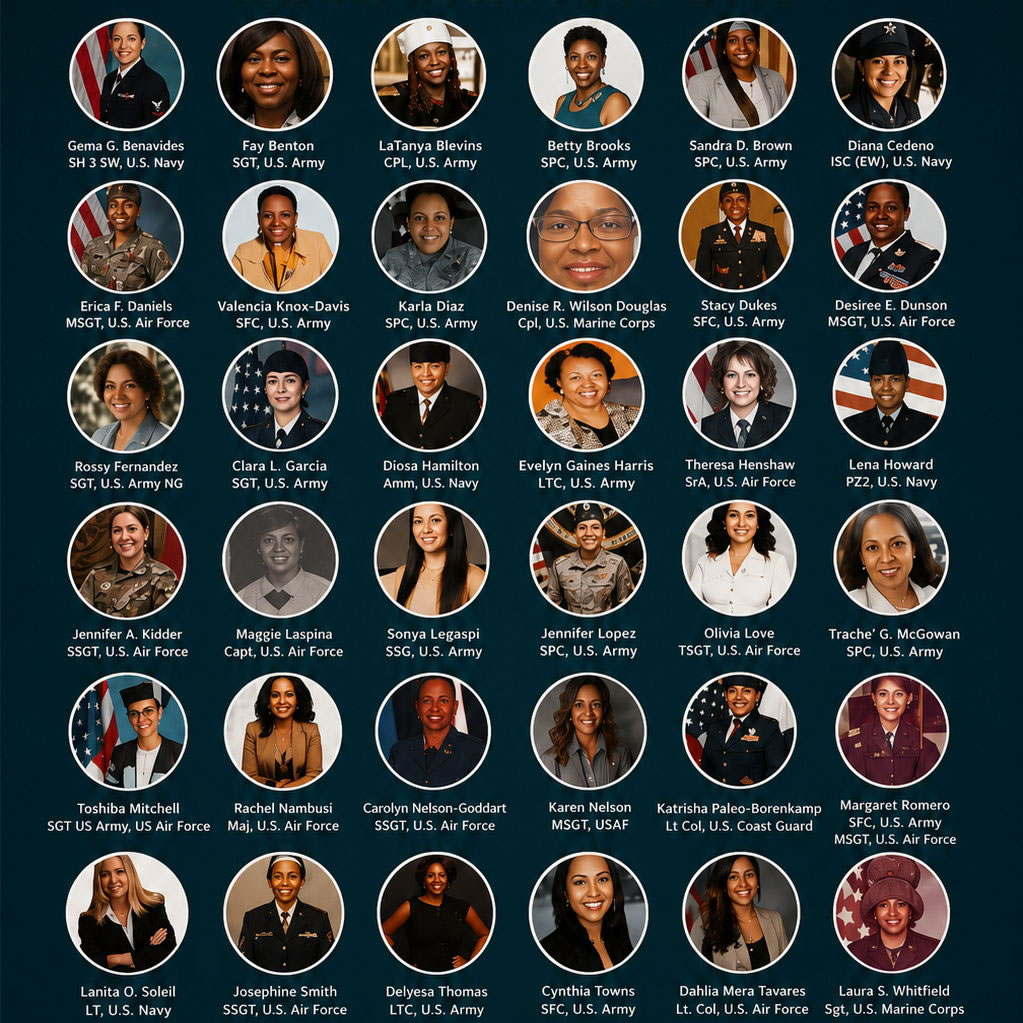 Grid of headshot photos honoring dozens of named women veterans and their ranks
