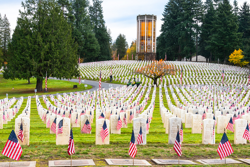 Veterans memorial cemetery with American flags